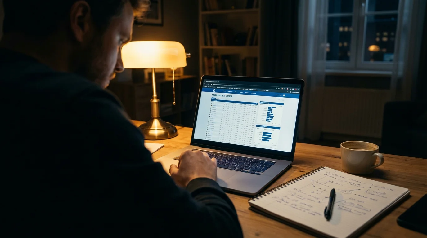 Persona che studia statistiche di calcio su un laptop con appunti e quaderno aperto