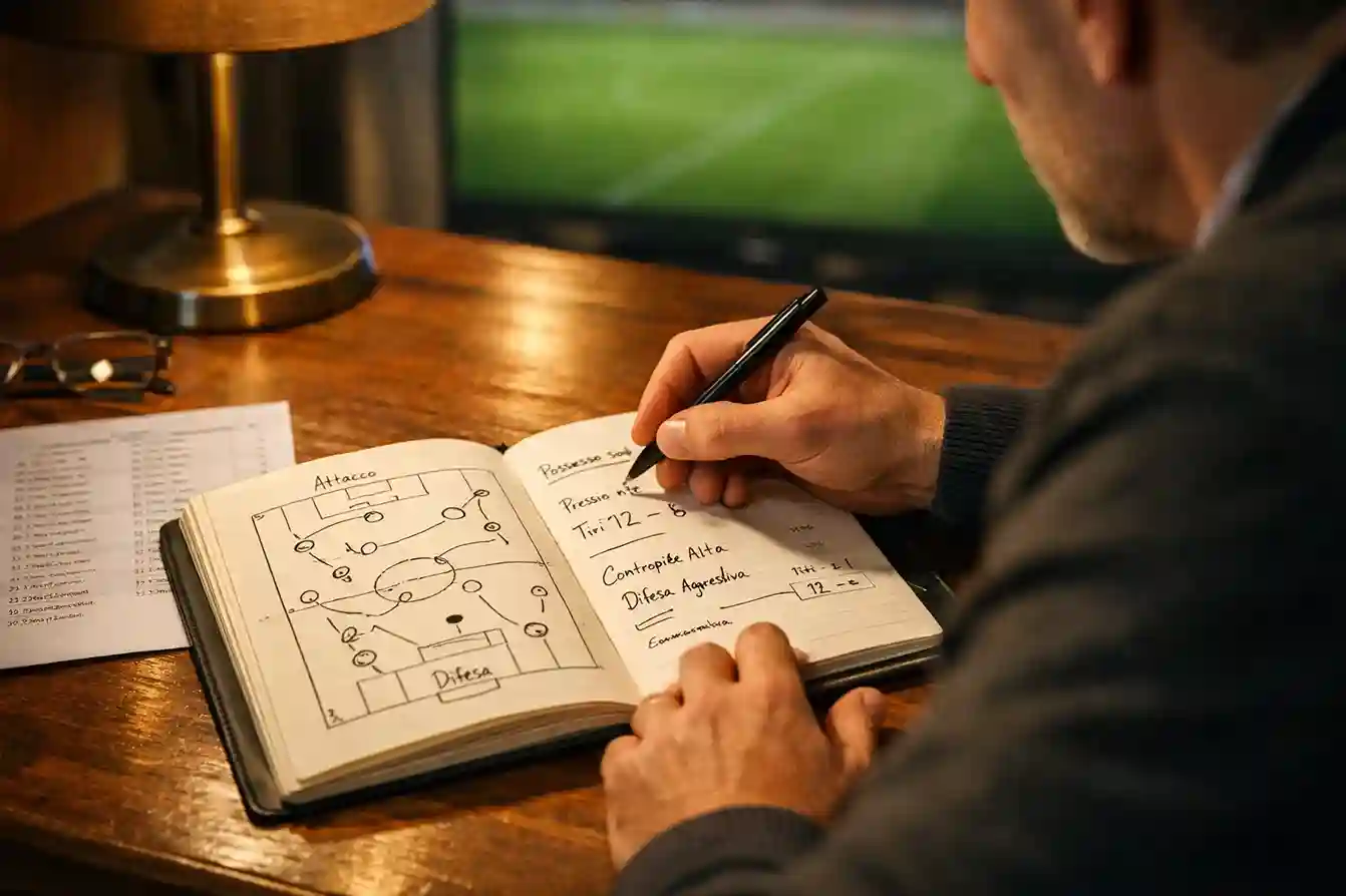 Analista studia statistiche di una partita di calcio su un quaderno con appunti tattici e dati delle squadre