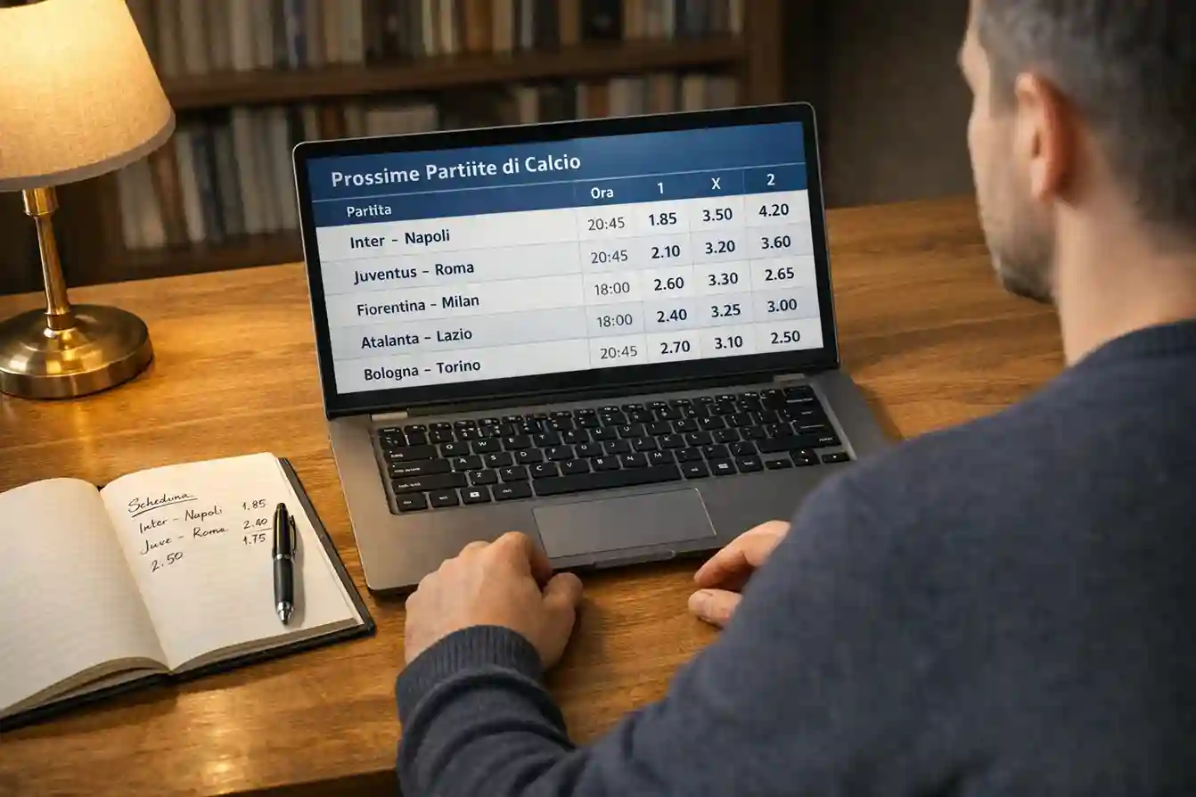 Persona che analizza statistiche di calcio su un laptop con appunti e penna