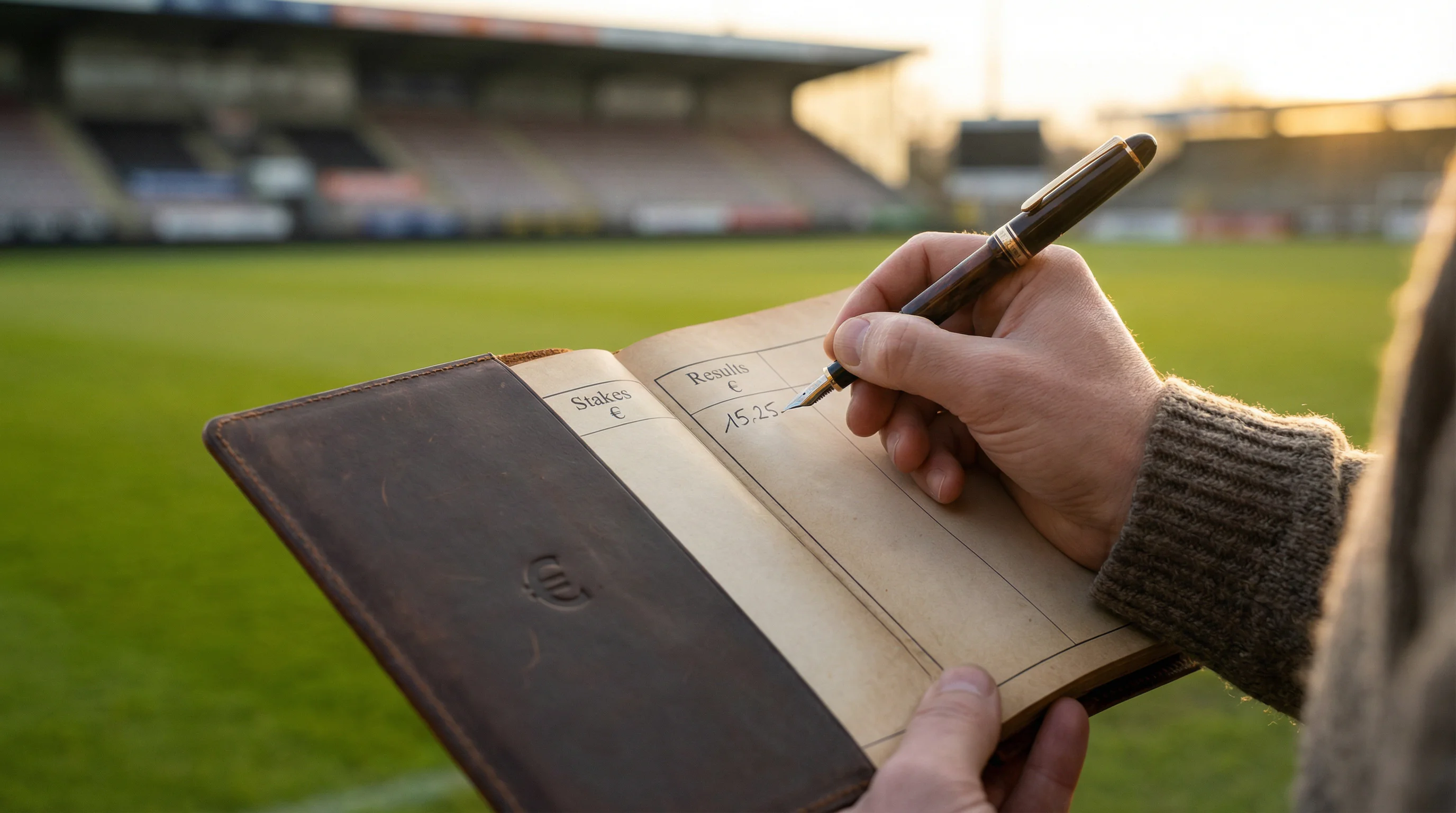 Mano che scrive su un registro di gestione del bankroll con un campo da calcio sullo sfondo