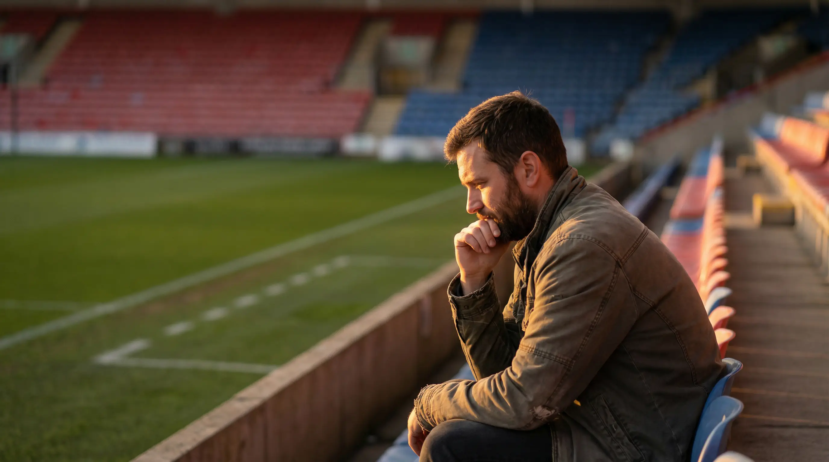 Profilo di un uomo pensieroso davanti a un campo da calcio che riflette sulle proprie decisioni
