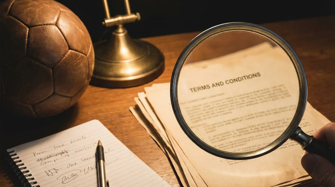 Lente di ingrandimento su un documento con condizioni bonus di un bookmaker accanto a un pallone