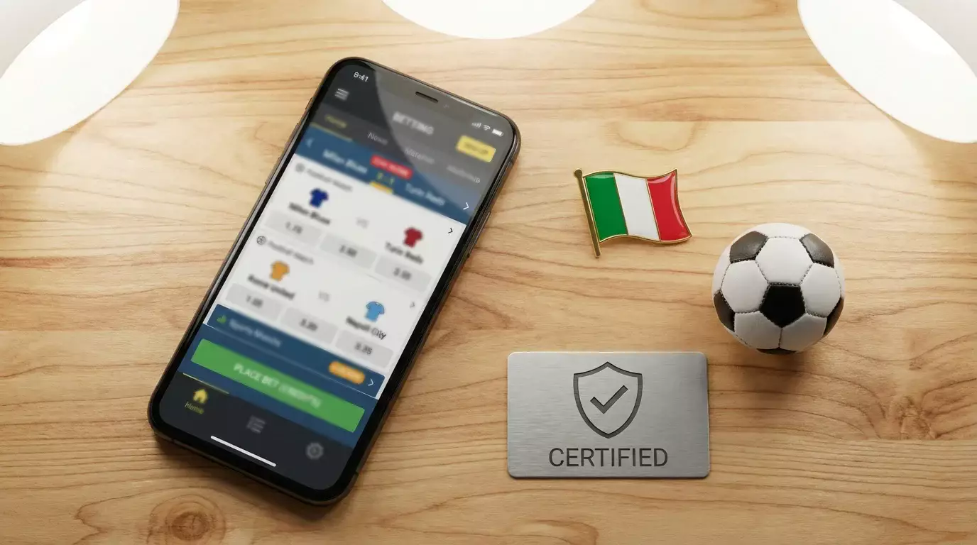 Smartphone con app di scommesse su un tavolo accanto al simbolo di sicurezza ADM e un pallone da calcio