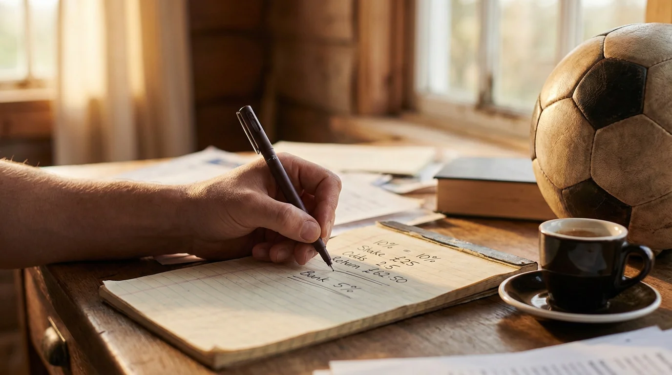 Persona che pianifica lo stake su un foglio con penna accanto a un pallone da calcio