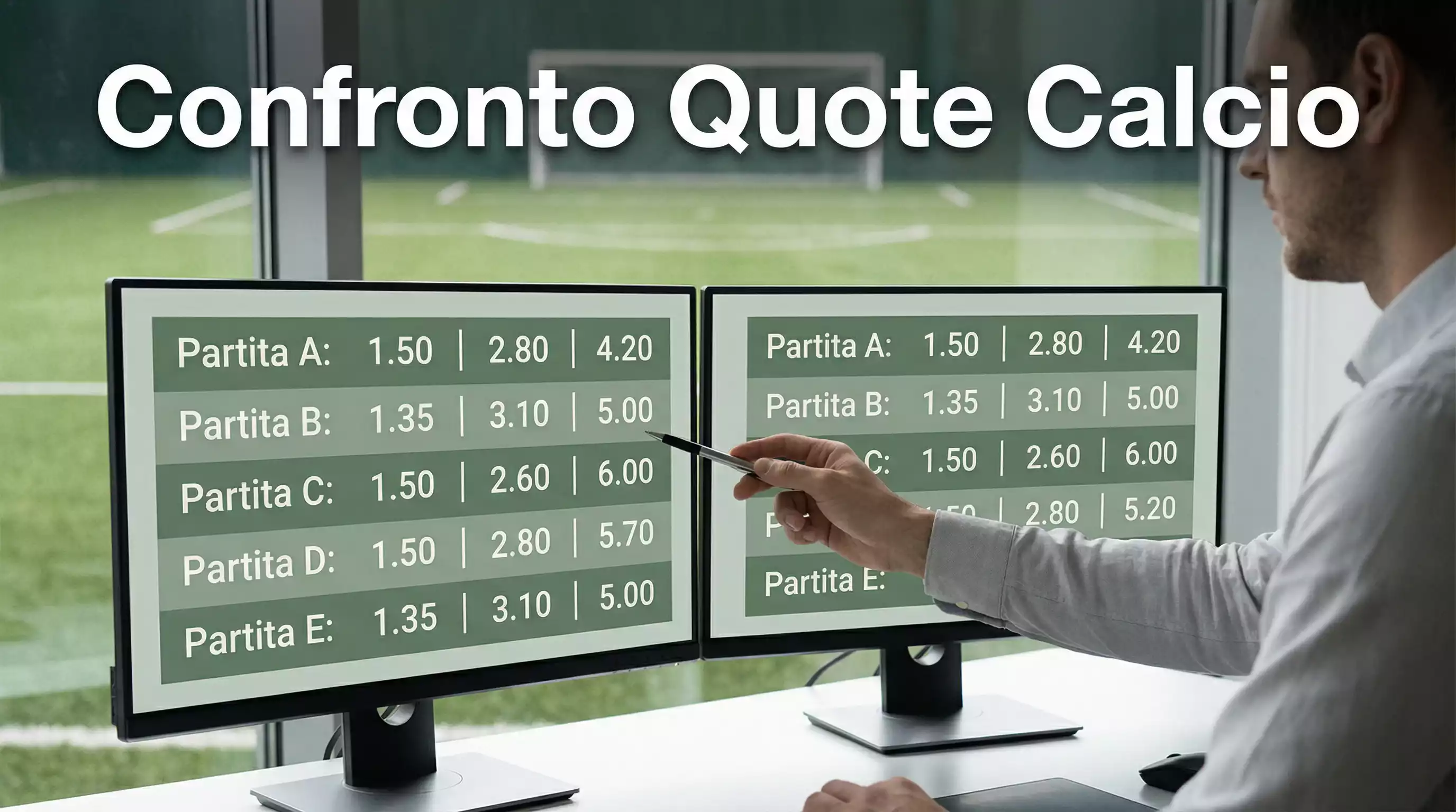 Persona che confronta quote di scommesse su più schermi con un campo da calcio sullo sfondo