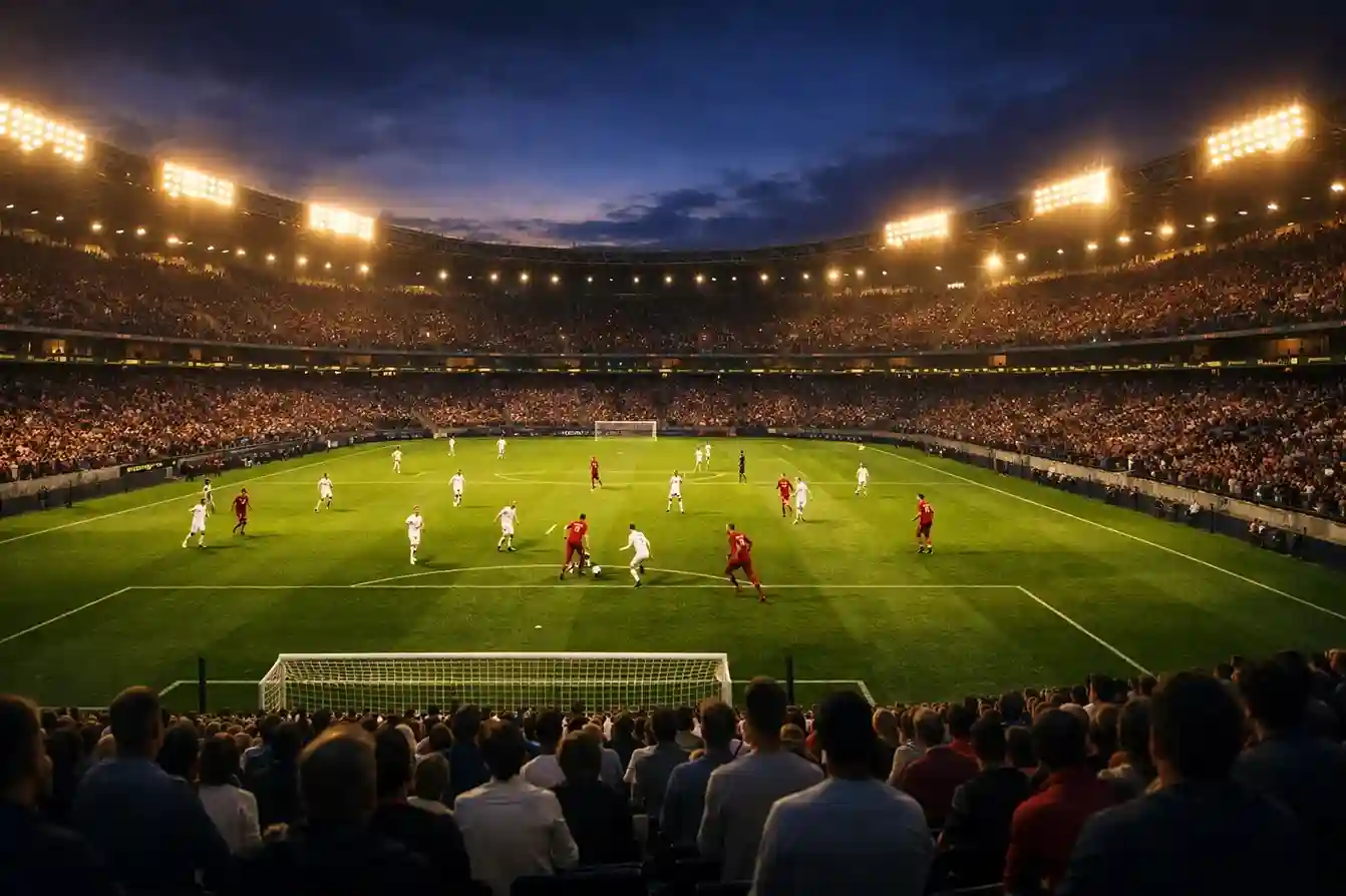 Stadio di calcio illuminato durante una partita serale con tifosi sugli spalti