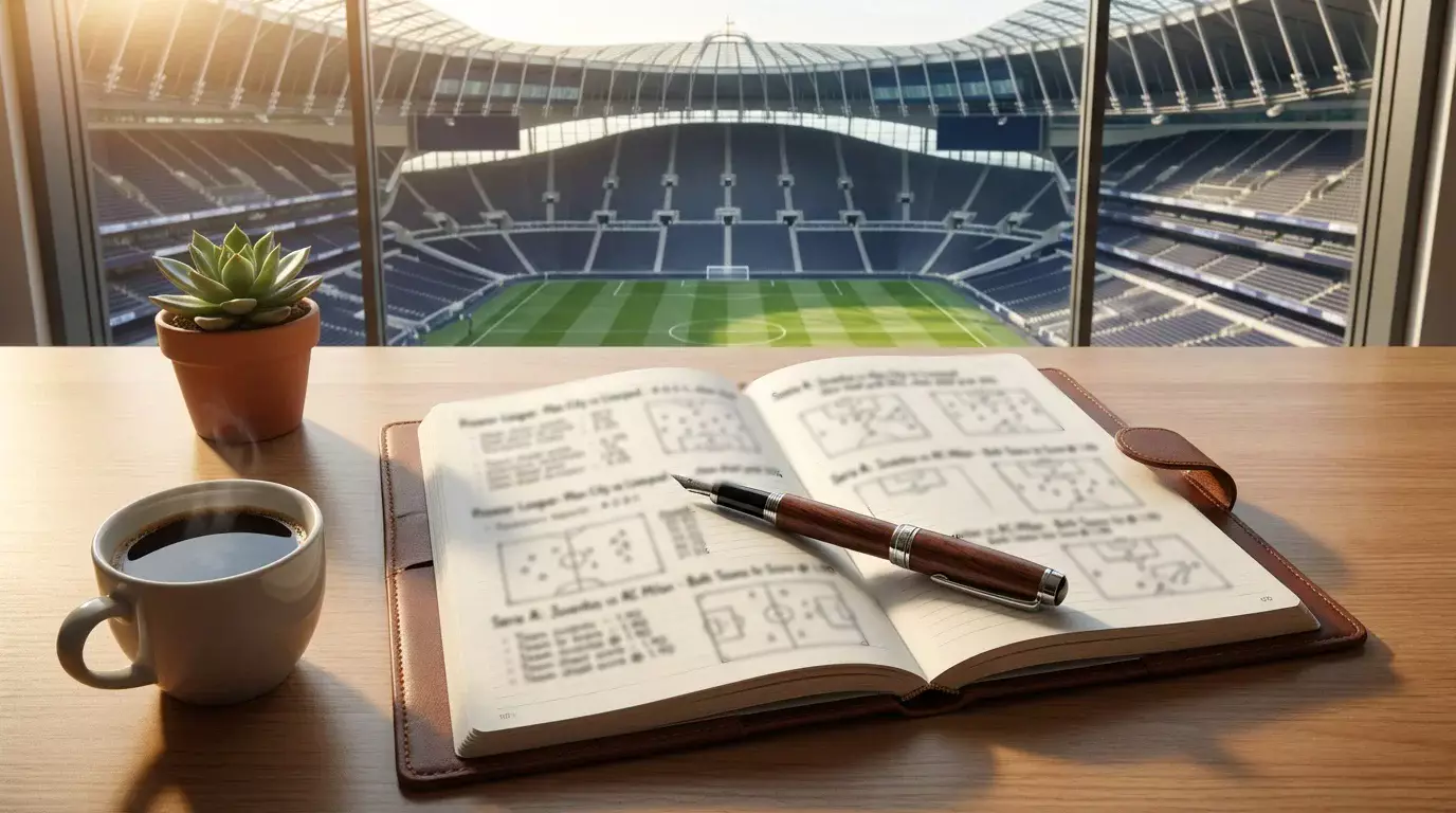 Scrivania ordinata di un professionista del betting con registro, penna e vista su un campo da calcio