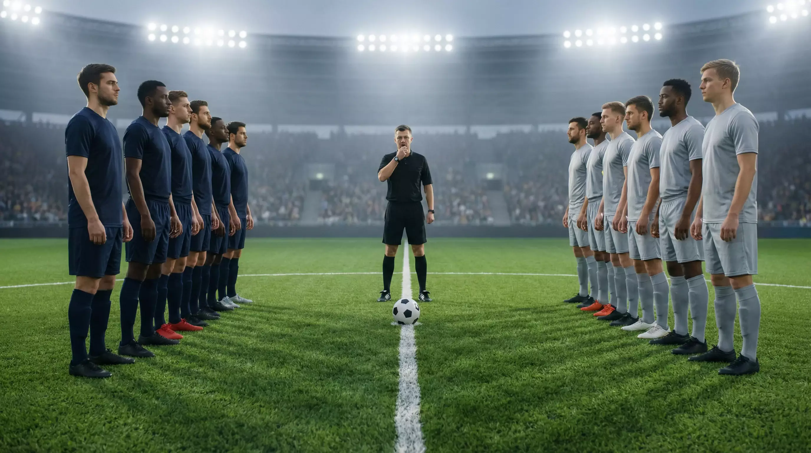 Due squadre di calcio schierate a centrocampo prima del fischio d'inizio su campo in erba