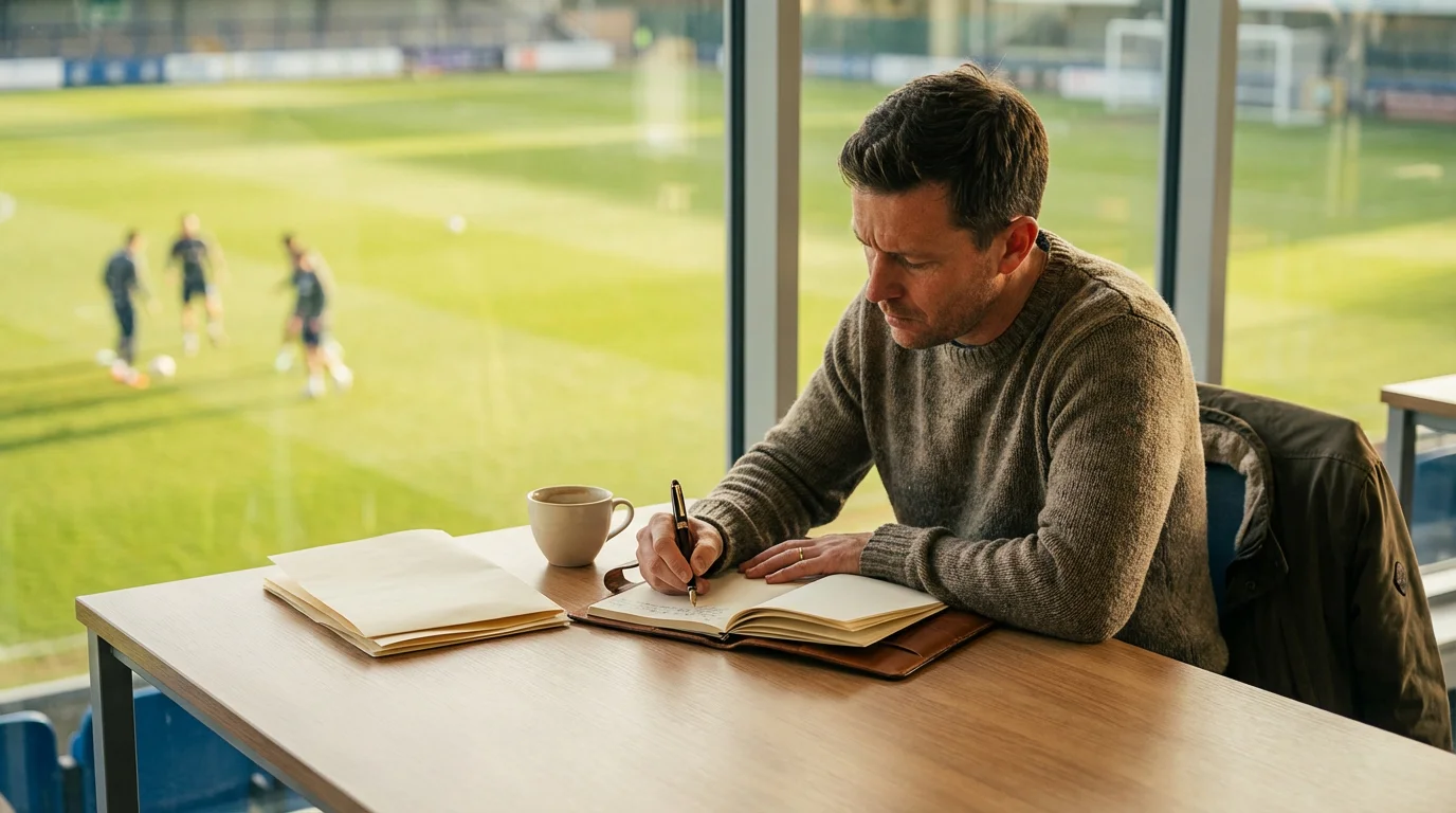 Scommettitore concentrato che annota puntate fisse su un registro cartaceo accanto a un campo da calcio