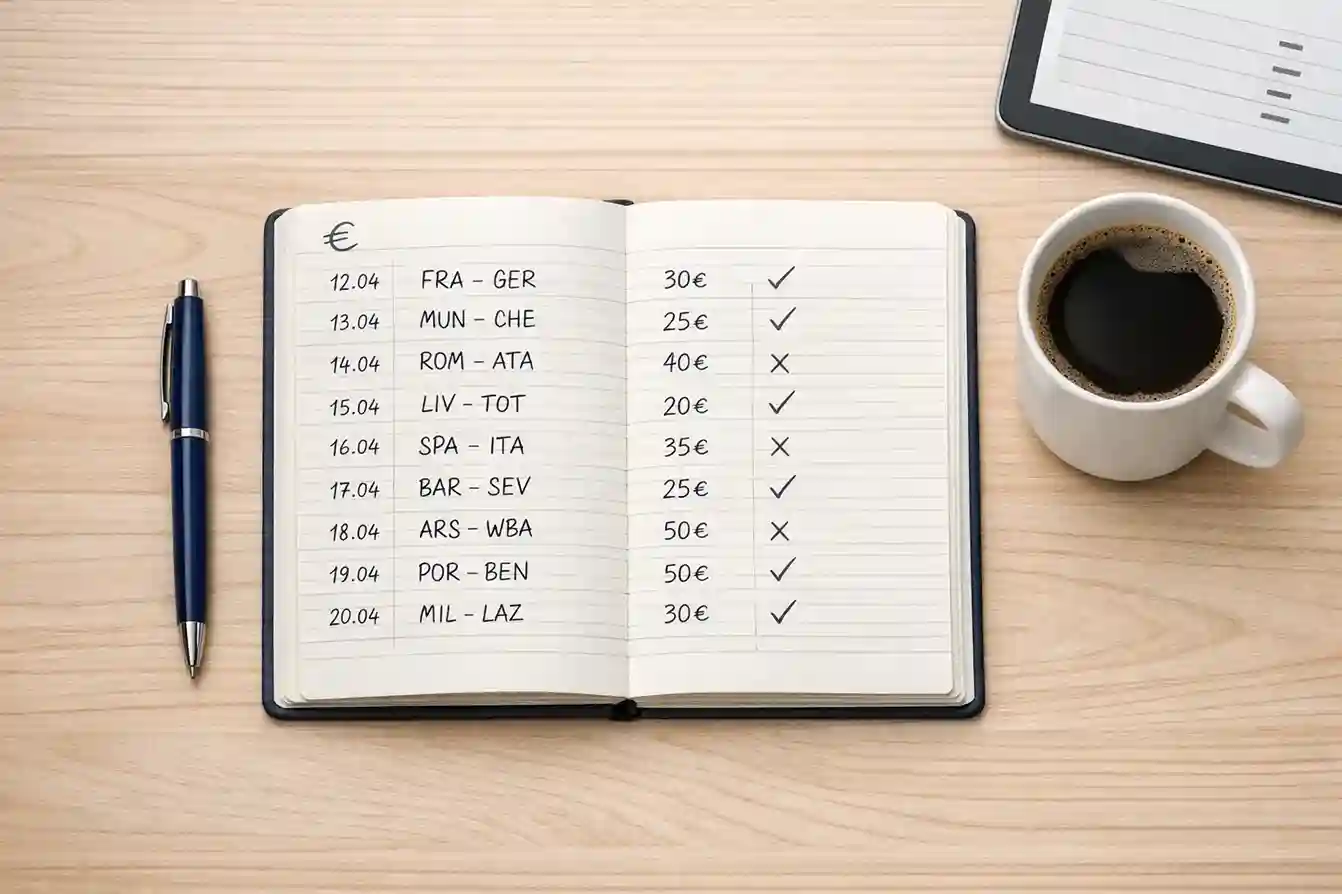 Registro delle scommesse su foglio di calcolo con penna e taccuino accanto