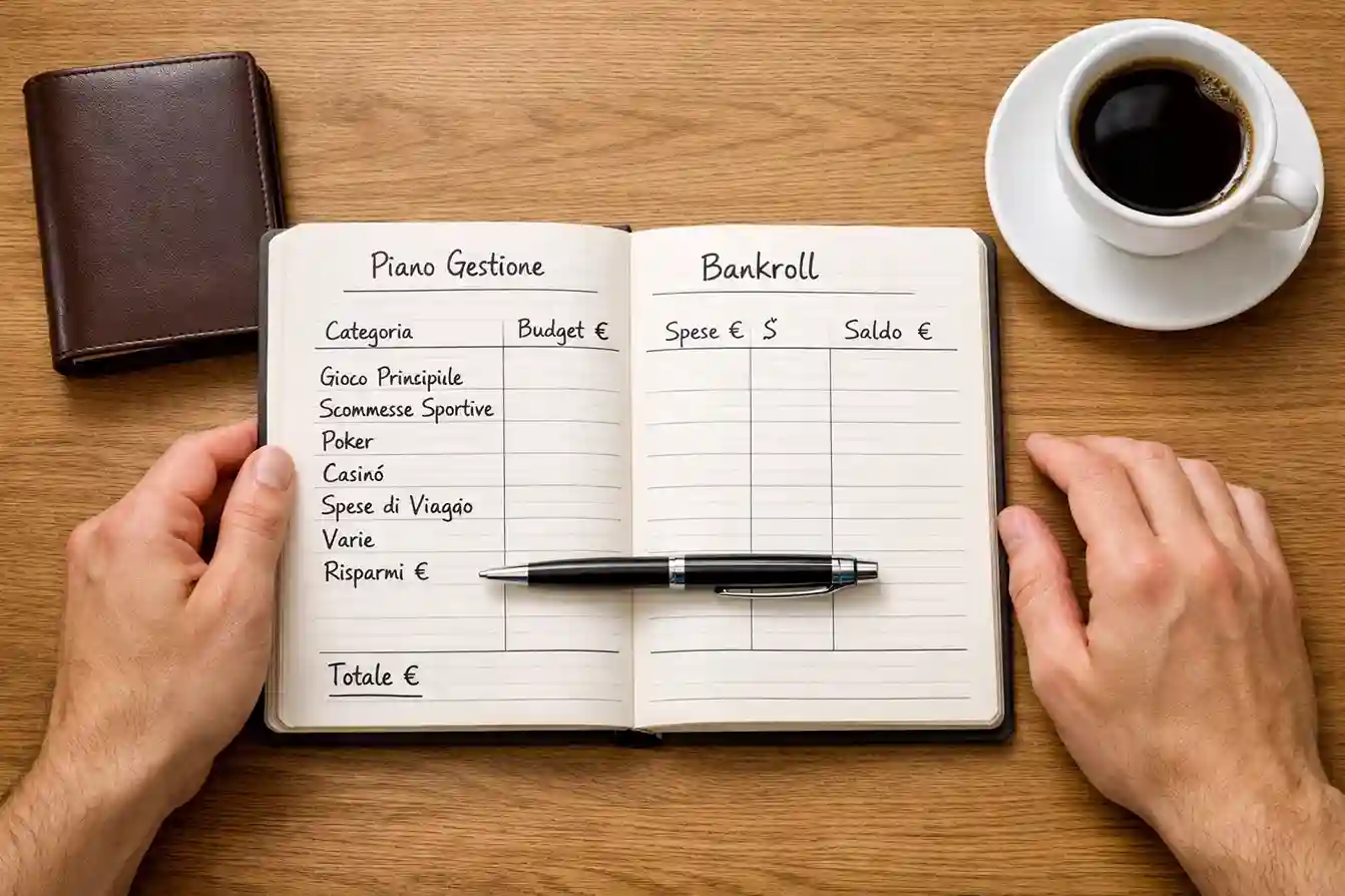 Persona organizza il proprio budget di scommesse con un blocco appunti e una penna accanto a simboli € sul tavolo