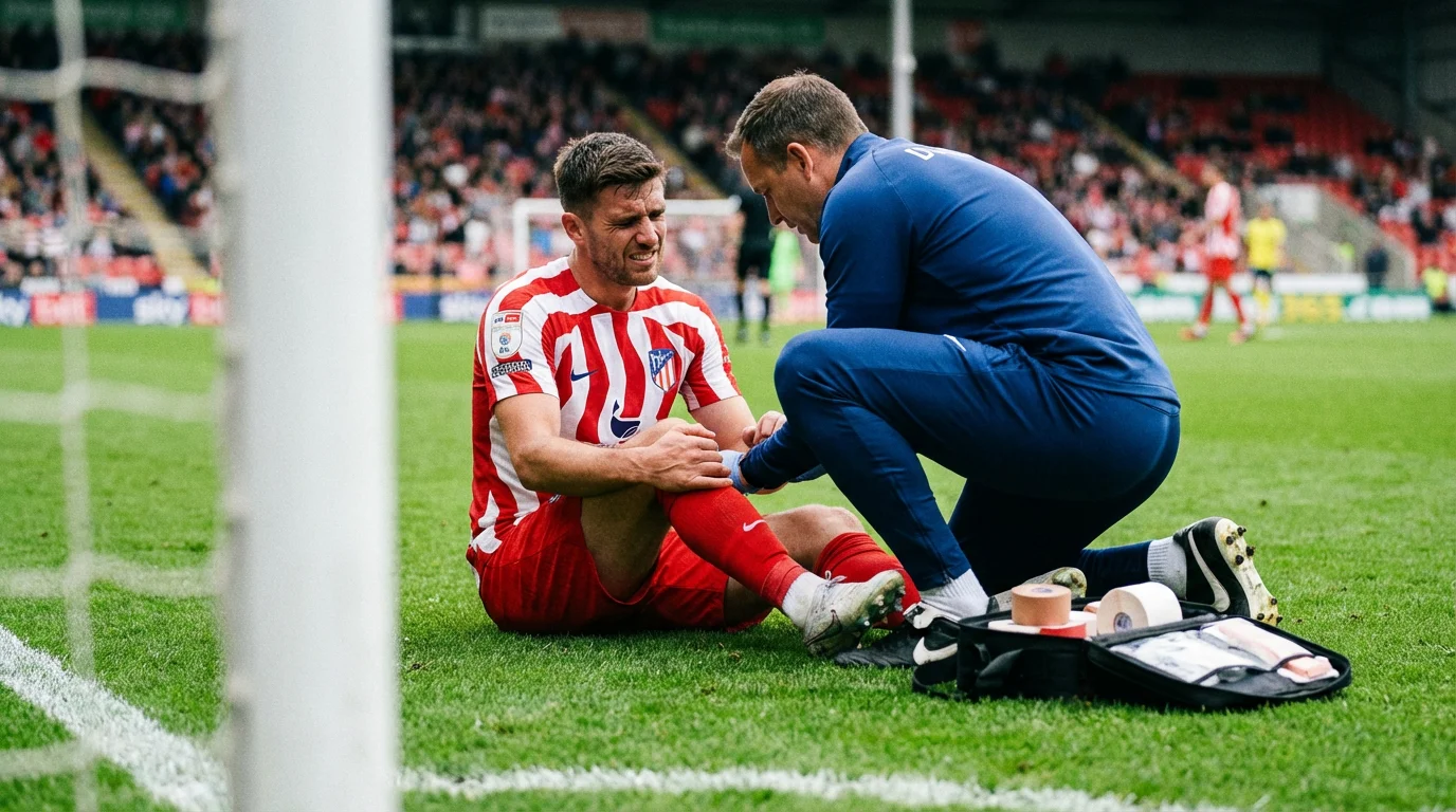 Calciatore infortunato seduto sul bordo del campo da calcio con lo staff medico