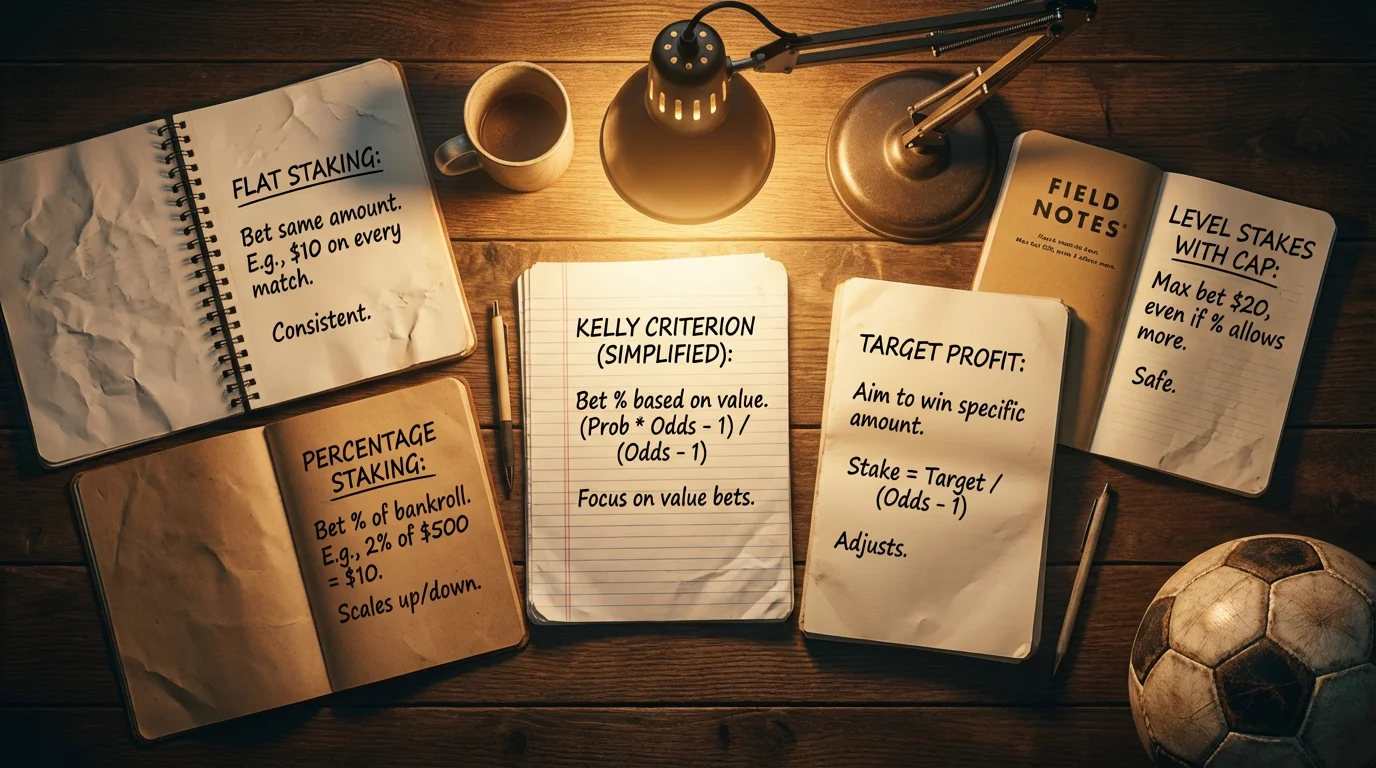 Cinque diversi taccuini aperti su una scrivania con strategie di staking per scommesse sportive