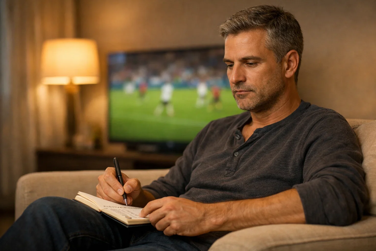 Uomo seduto davanti a una partita di calcio in TV mantiene la calma prendendo appunti con concentrazione