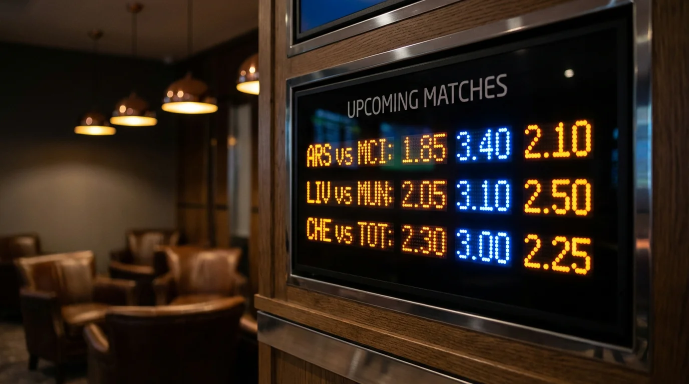 Tabellone luminoso con quote decimali di scommesse calcio in un centro scommesse