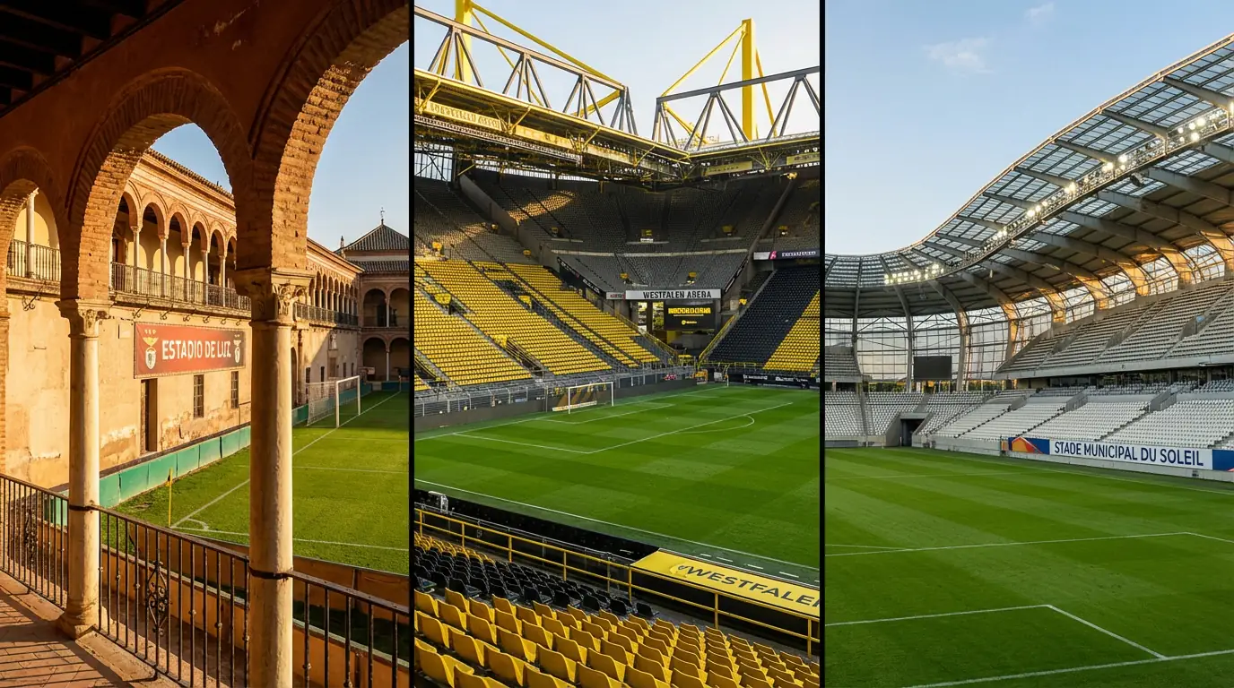 Tre campi da calcio europei affiancati che rappresentano Liga, Bundesliga e Ligue 1
