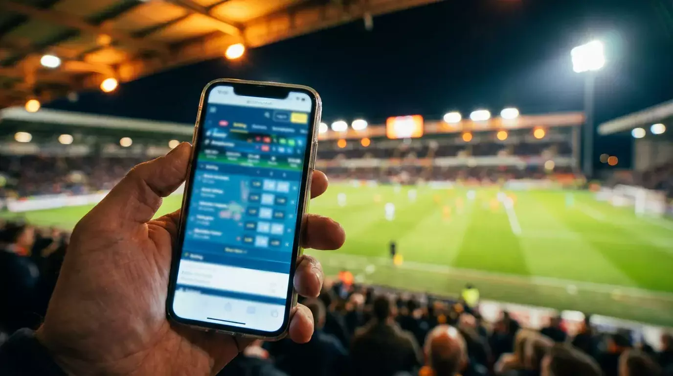 Smartphone con scommesse live durante una partita di calcio visibile sullo sfondo