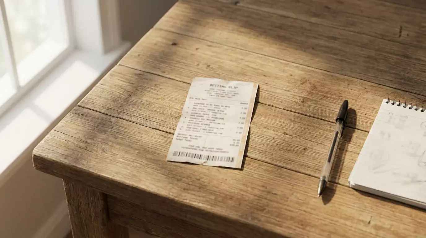 Mano che tiene una singola schedina di scommesse sportive su un tavolo in legno