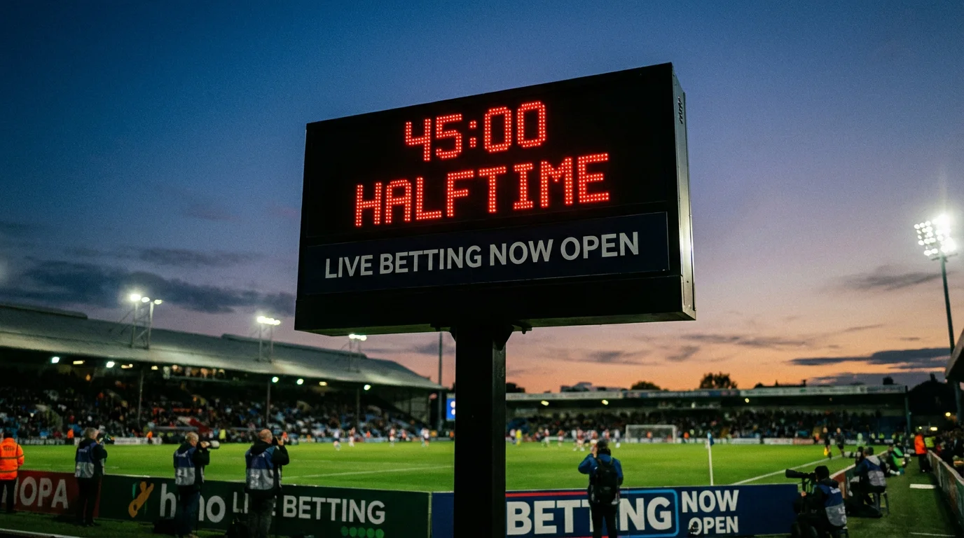 Orologio dello stadio che segna il 45° minuto durante una partita di calcio