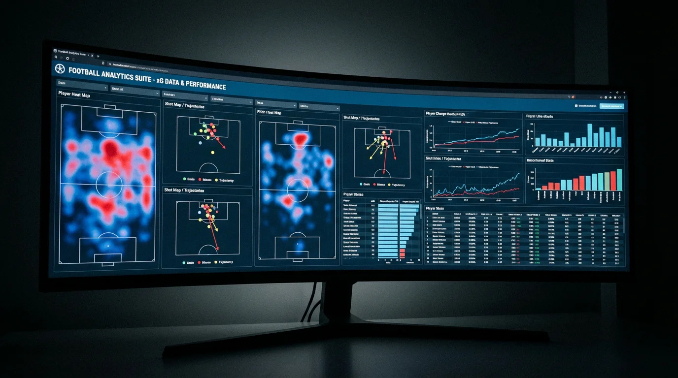 Schermo con grafici e statistiche di una partita di calcio su sfondo scuro