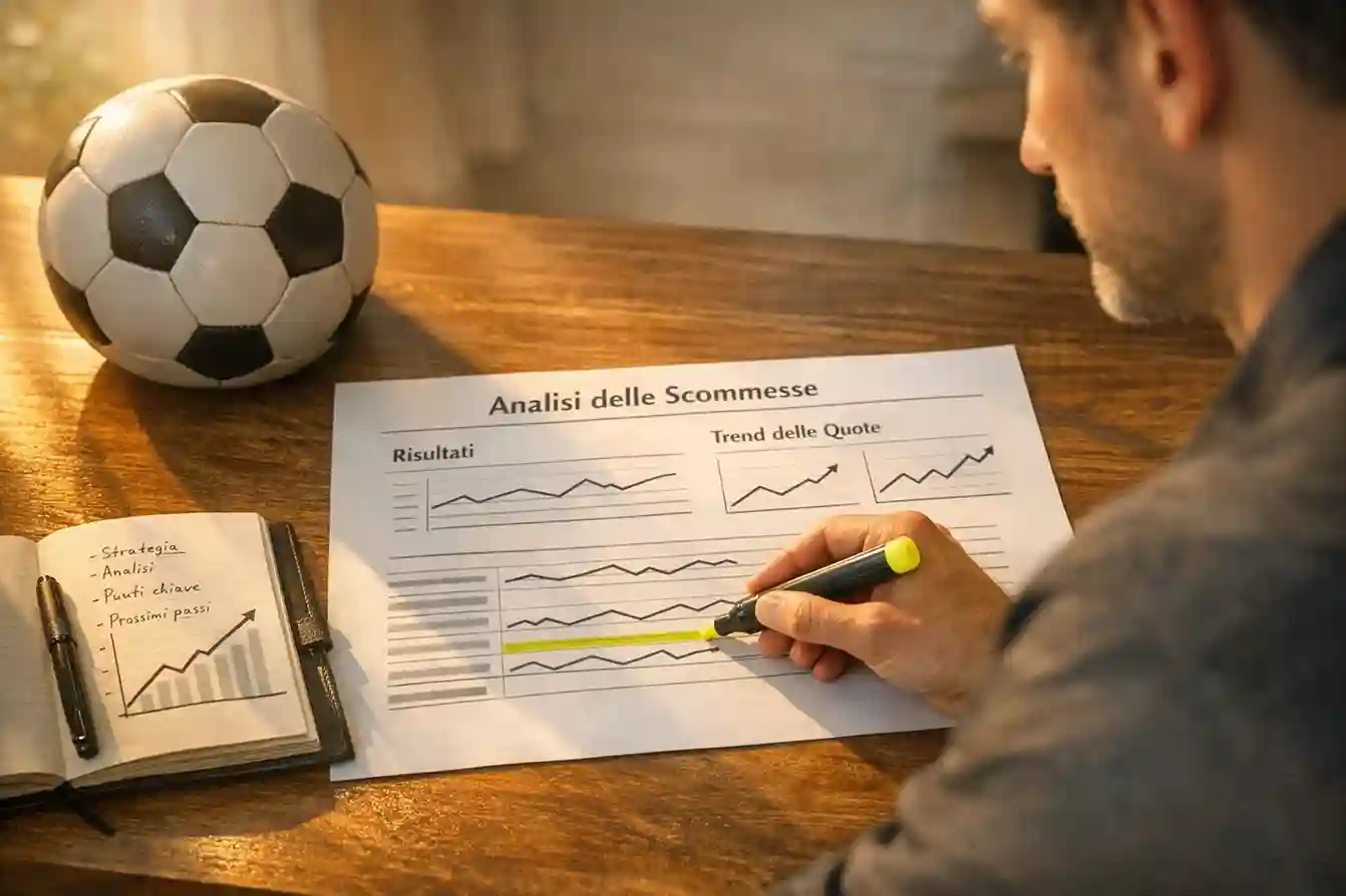 Persona concentrata studia grafici di andamento delle quote calcistiche su un foglio di lavoro alla scrivania
