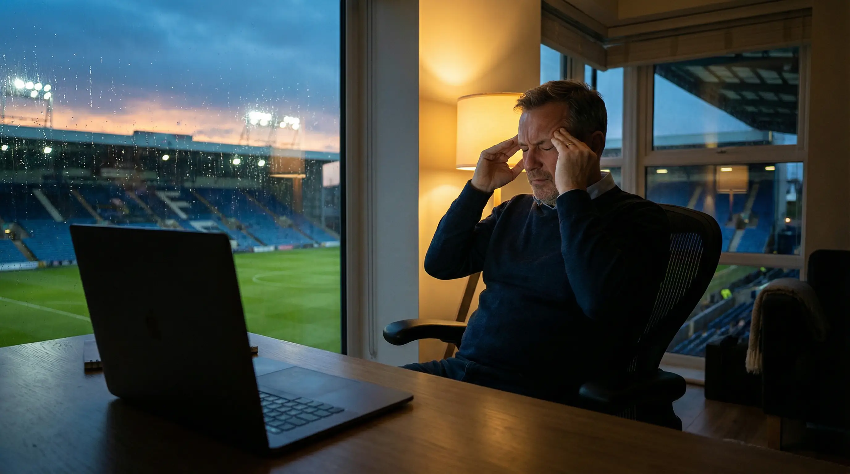 Uomo frustrato che si allontana dallo schermo del computer con un campo da calcio visibile dalla finestra