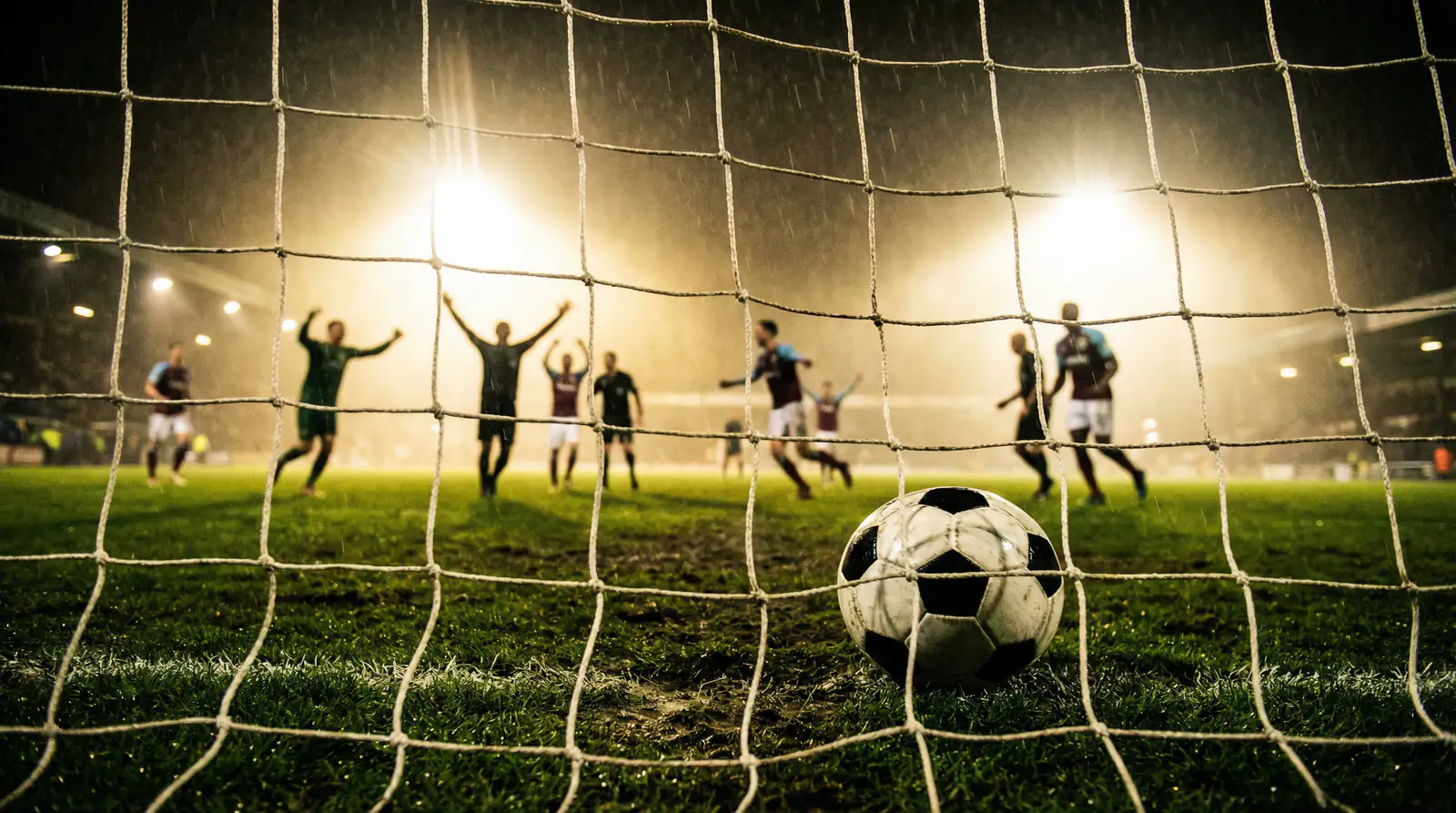Rete di una porta da calcio vista da dietro con il pallone che entra durante una partita