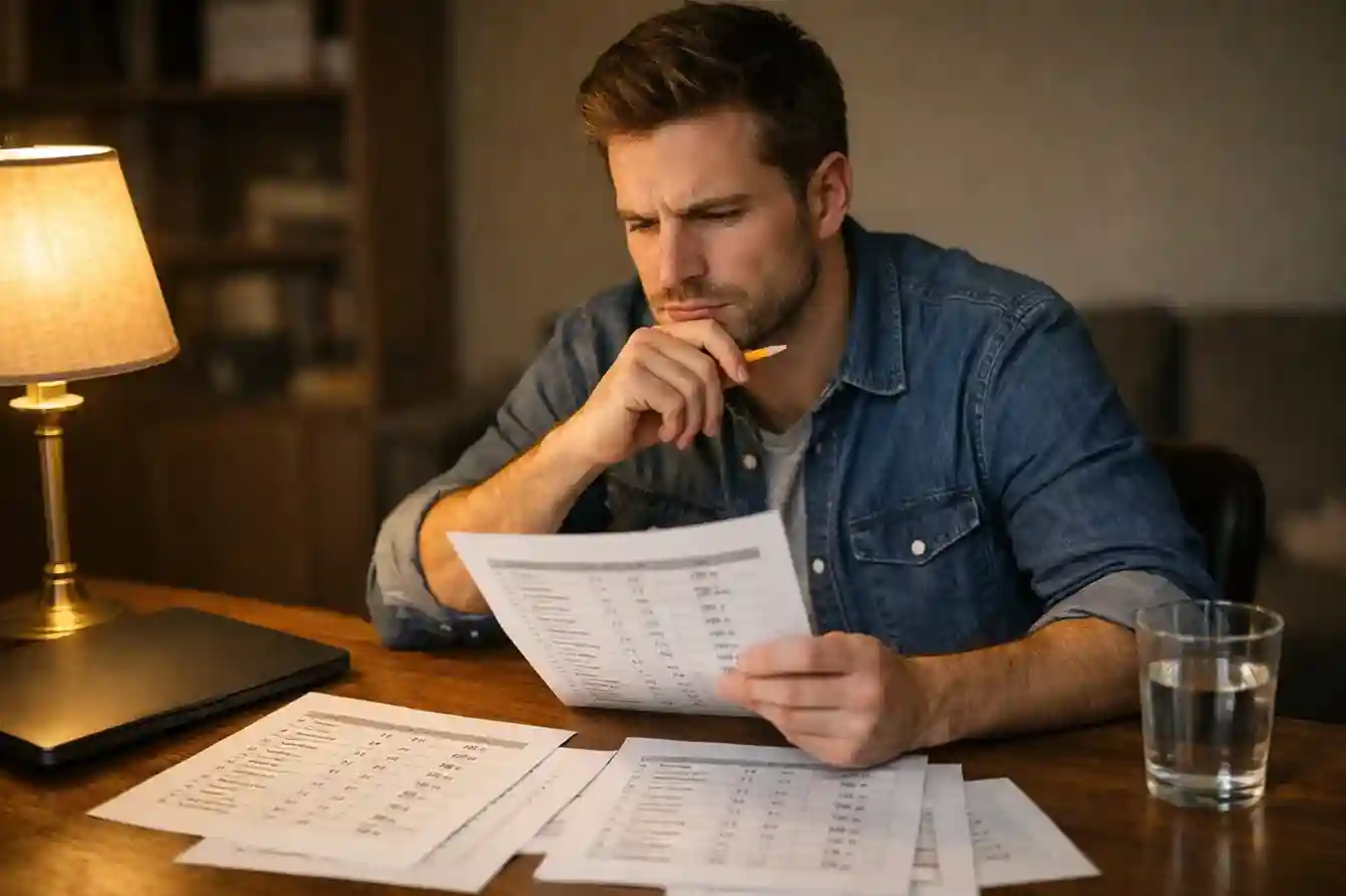 Uomo concentrato che studia dati e strategie di scommessa alla scrivania